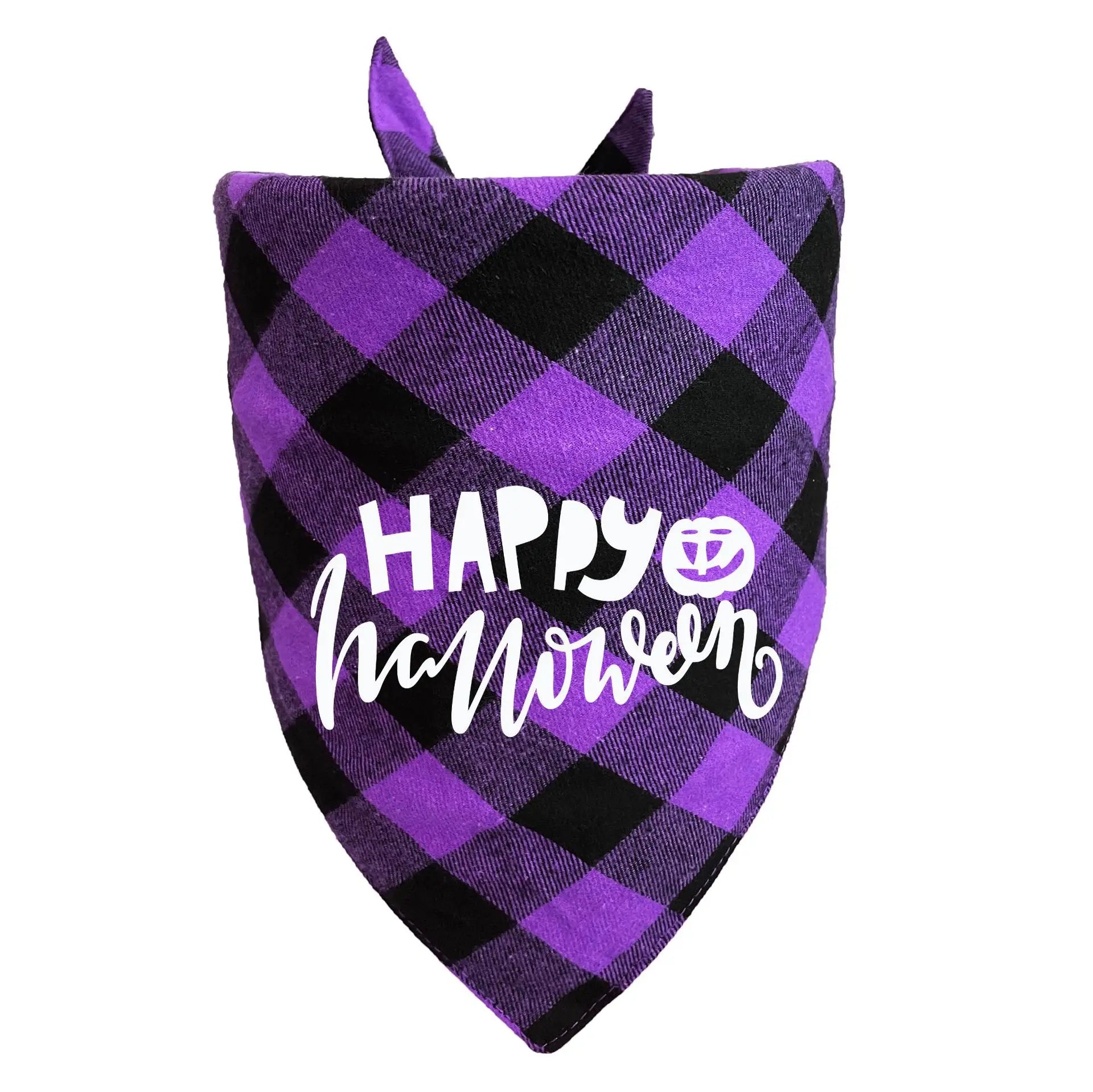 Purple and black checkered bandana with 'Happy Halloween' text on a white background