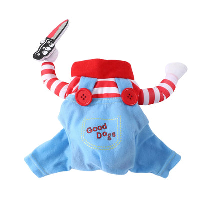 Dog costume with red and white striped arms, blue body with 'Good Dogs' text, and red hat on a white background.