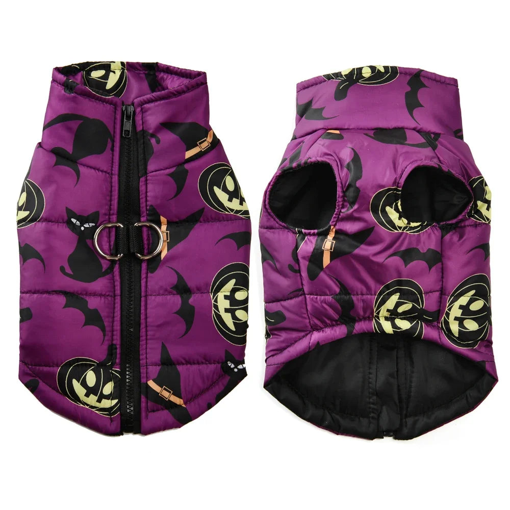 Purple dog vest with Halloween-themed design on a white background