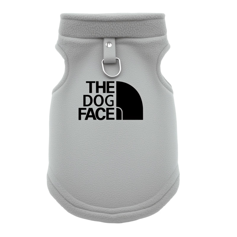 Gray dog vest with 'The Dog Face' logo on a white background
