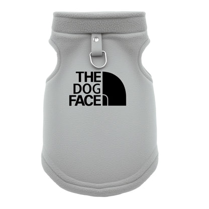 Gray dog vest with 'The Dog Face' logo on a white background