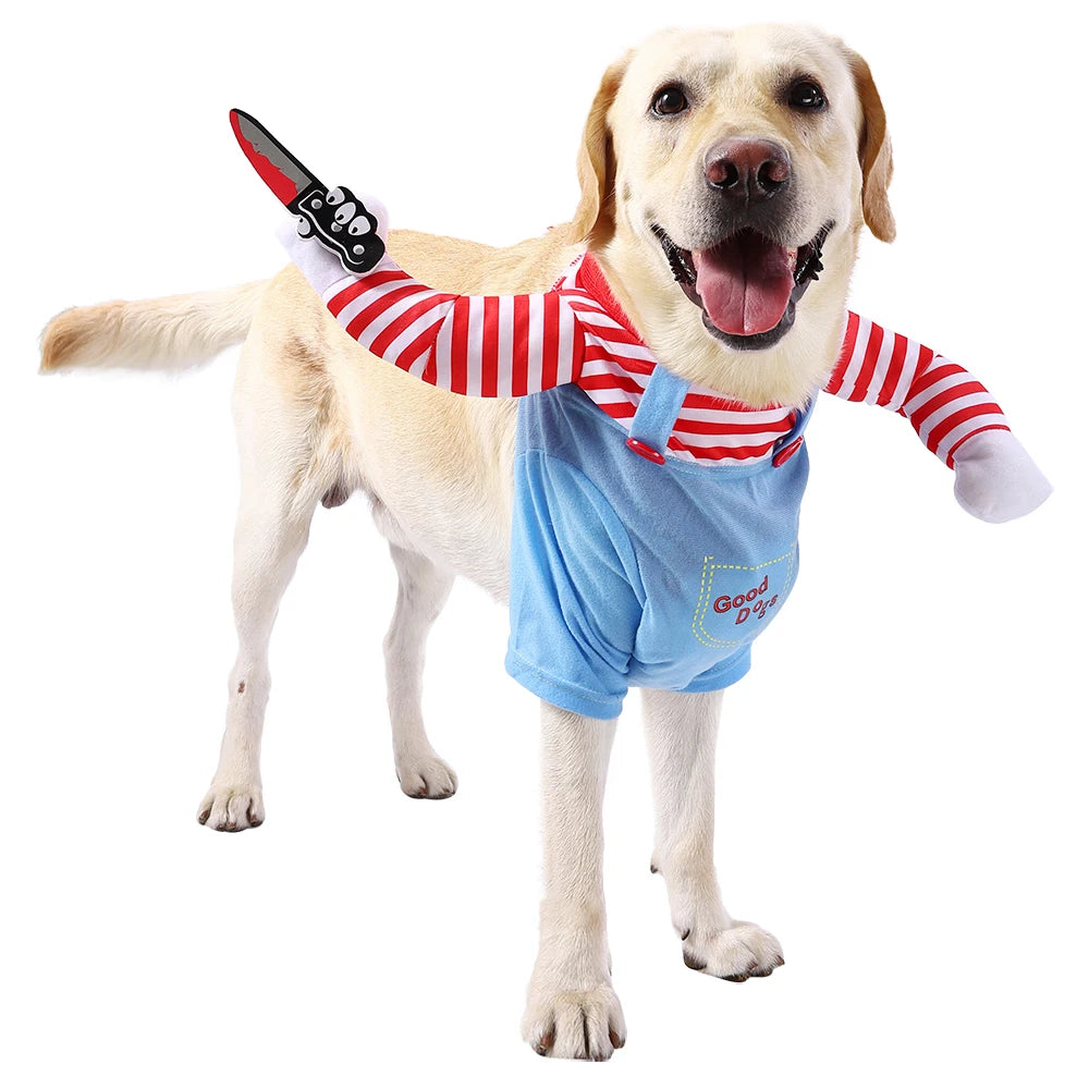 Dog wearing a costume with a red and white striped shirt and blue overalls on a white background