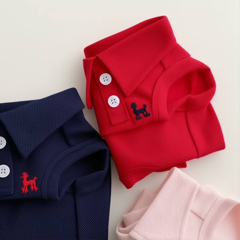 Red, navy, and pink polo shirts with a dog logo on a light background