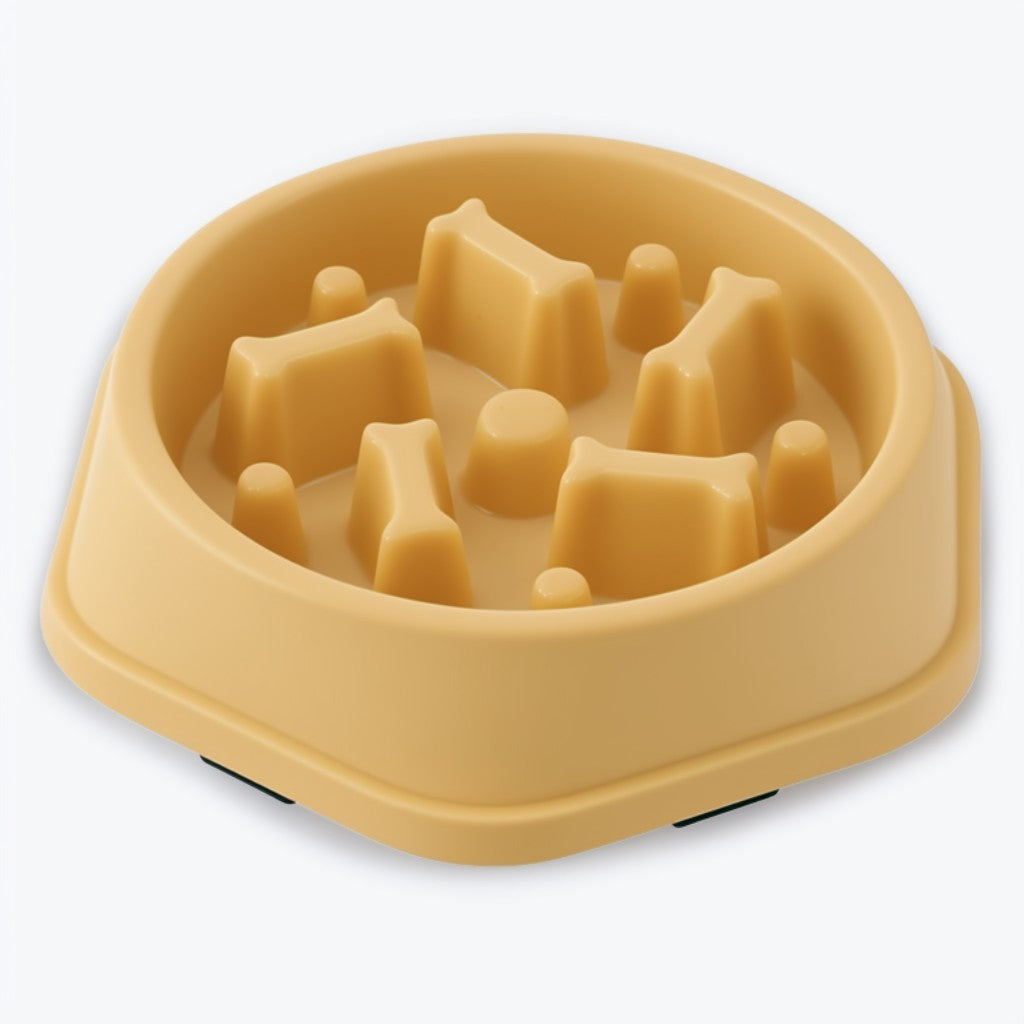Yellow anti-choking dog bowl with slow feed structure