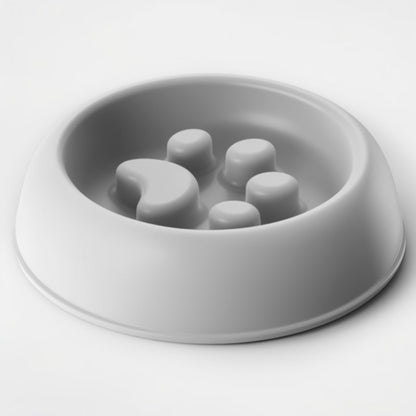 Gray pet bowl with paw print design on a white background