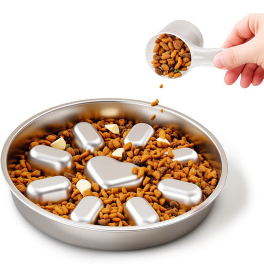 Stainless steel dog bowl with paw-shaped molds filled with kibble and a hand pouring more kibble.