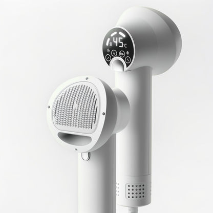 White handheld shower with digital temperature display on a white background