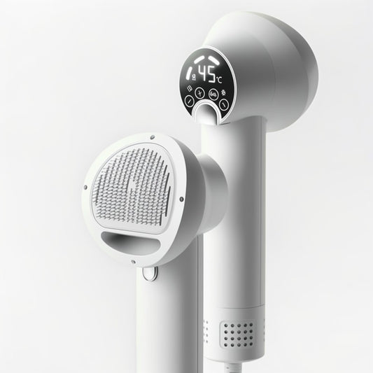 White handheld shower with digital temperature display on a white background
