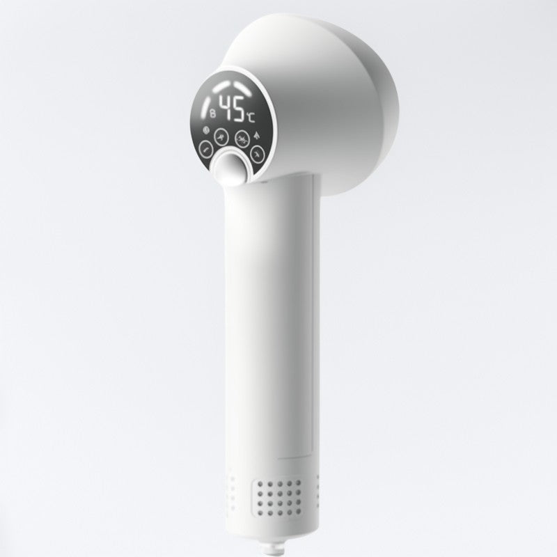 White handheld shower head with digital temperature display on a light gray background