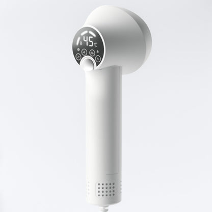 White handheld shower head with digital temperature display on a light gray background