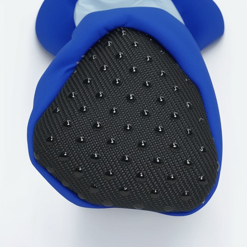 Black textured cushion with blue border on a white background
