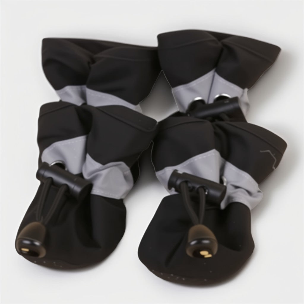 Black and gray pet shoes with bows on a white background