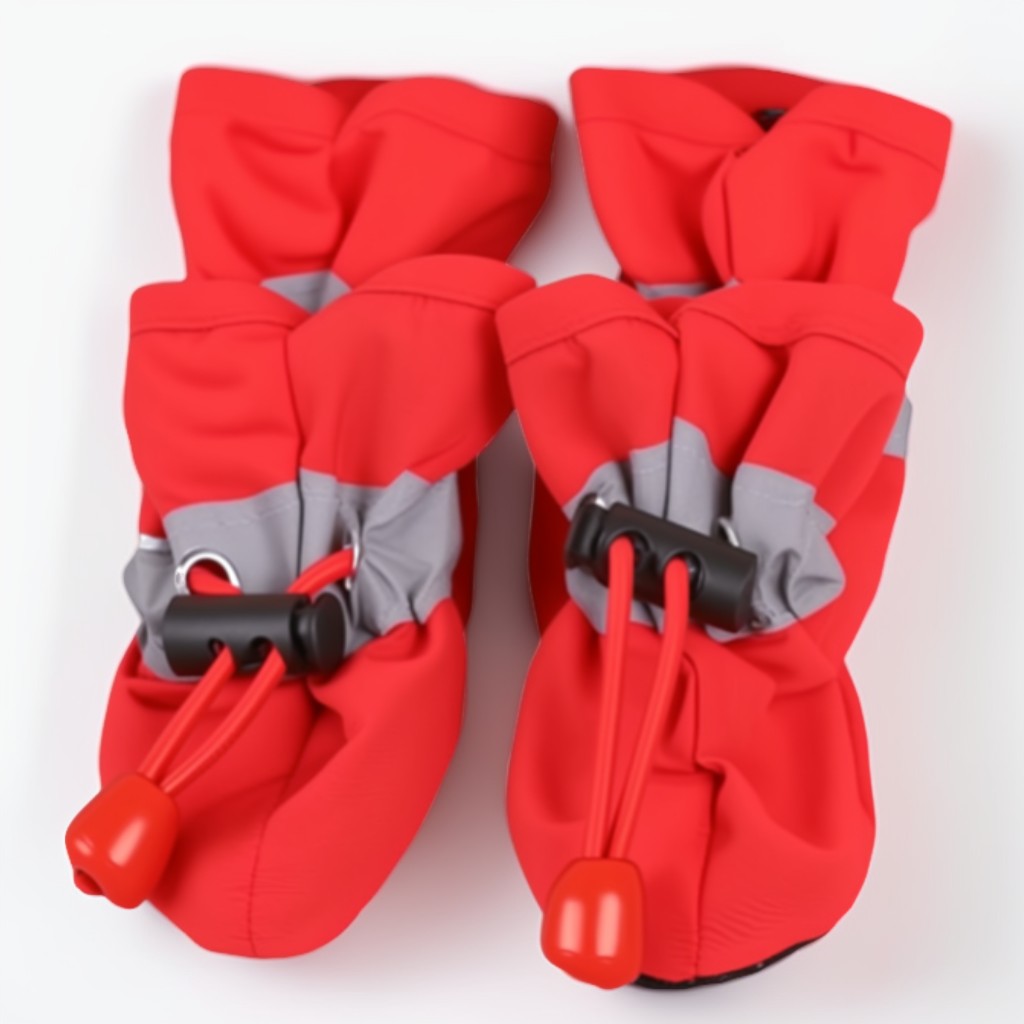 Red dog boots with gray straps on a white background