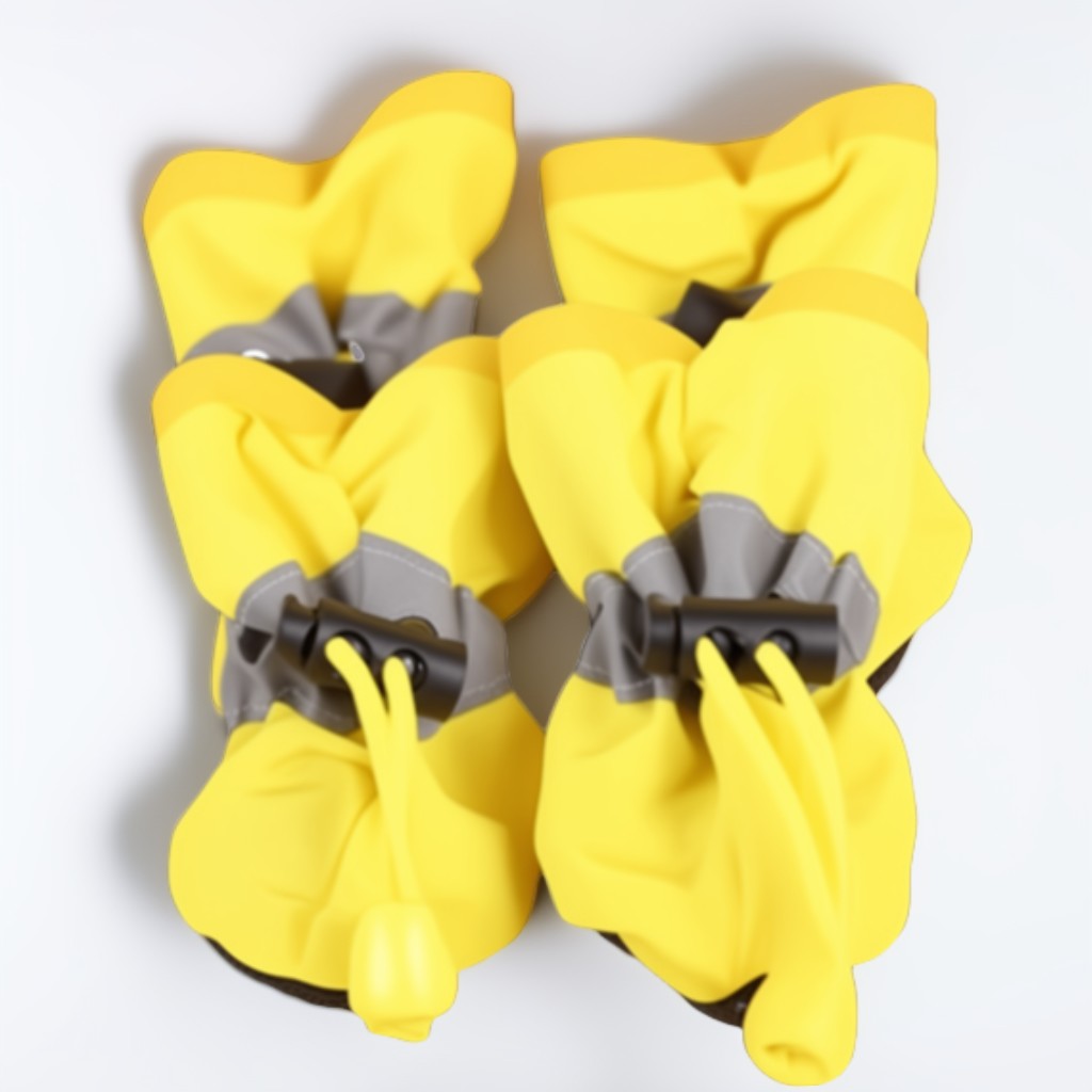 Pair of yellow dog boots with gray straps on a white background