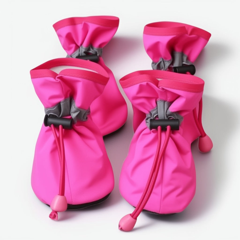 Set of pink dog boots with gray straps on a white background