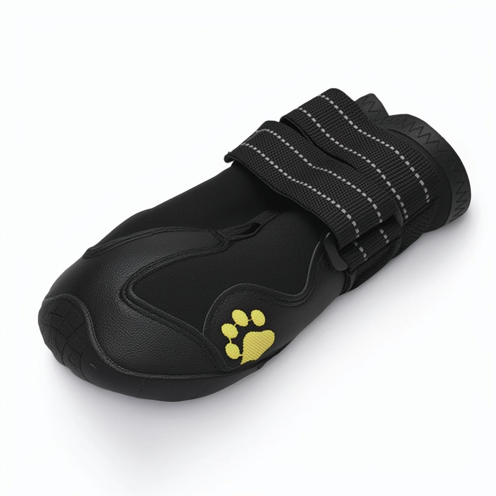 Black pet boot with a yellow paw print on a white background