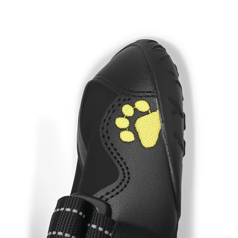 Black shoe with a yellow paw print design on a white background