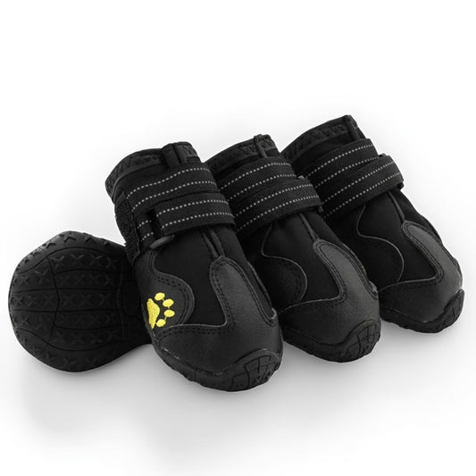 Set of black dog boots with reflective straps and paw print design on a white background
