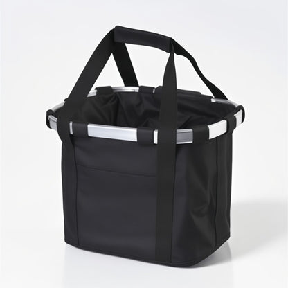 Black tote bag with reflective strips on a white background
