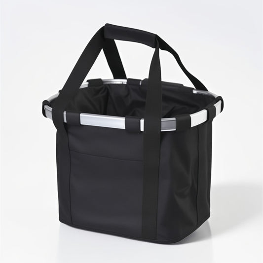 Black tote bag with reflective strips on a white background