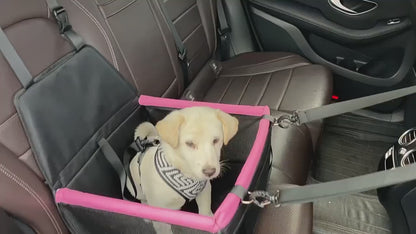 Video demonstrating foldable dog car seat installed in different cars, showing safety straps, breathable mesh sides, and comfortable space for dogs during travel.